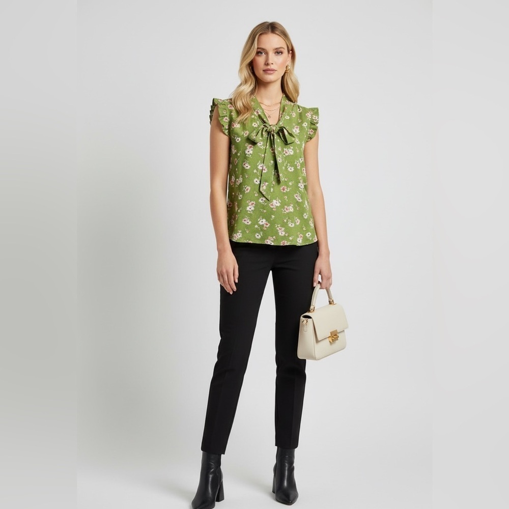 Sweet Rain Green Floral Tie-Front Sleeveless Blouse Size M
